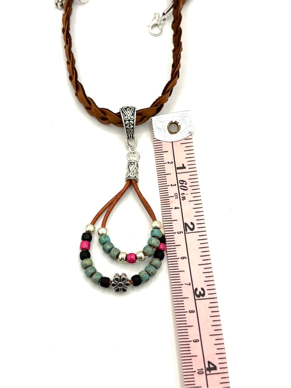 Hand Crafted Braided Brown Leather Choker Necklace Multicolor Beaded Pendant - Picture 9 of 9